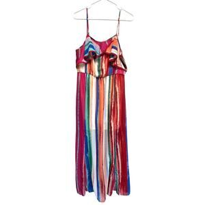NWT Candie's Maxi Dress XL Rainbow‎ Drip Smocked Slit Front Lined Summer Resort